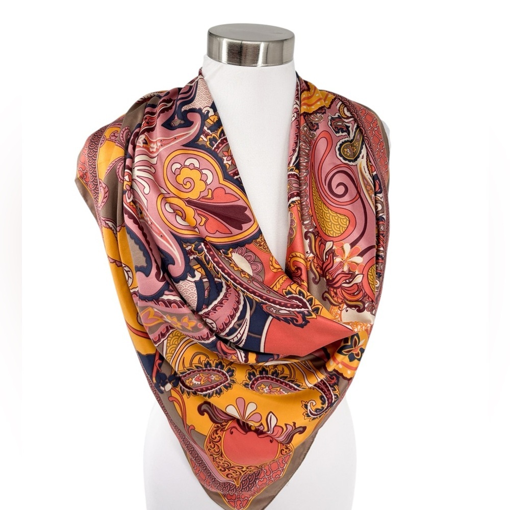 Powder Womens Silky Pink Mocha Paisley Poly Satin Square Scarf 39”